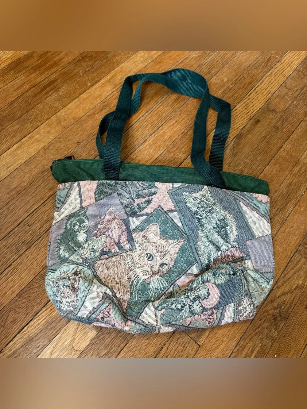 Vintage Green Cat Tapestry Tote Bag Purse